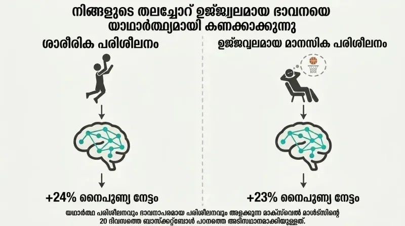 Split panel comparison diagram illustrating that physical practice and vivid mental rehearsal activate the same brain patterns and yield nearly identical skill improvements.