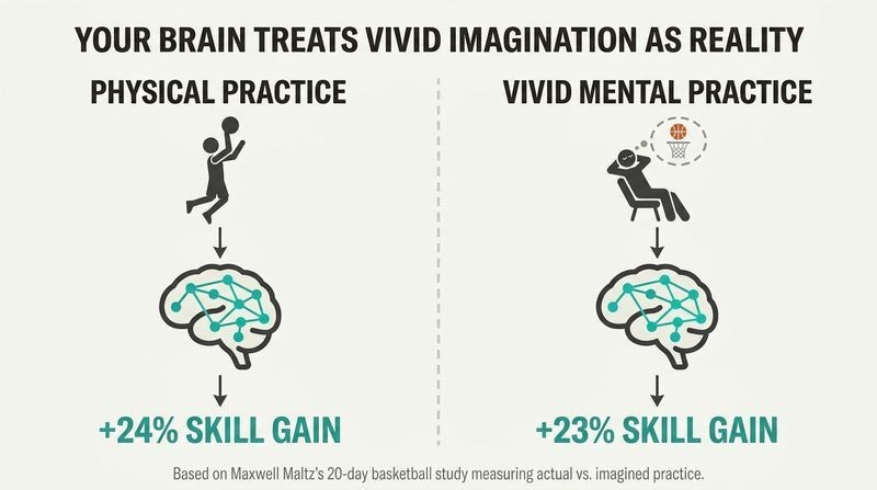 Split panel comparison diagram illustrating that physical practice and vivid mental rehearsal activate the same brain patterns and yield nearly identical skill improvements.