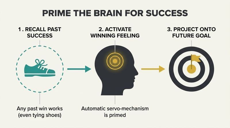 Three-part horizontal flow diagram showing how recalling a past success primes the brain's servo-mechanism to target a future goal.