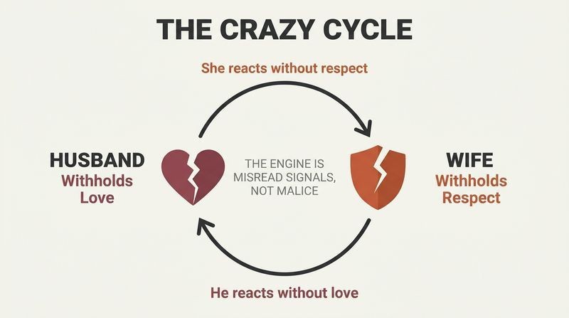 Circular loop diagram showing how a husband withholding love triggers a wife's disrespect, which in turn triggers the husband to withhold more love.