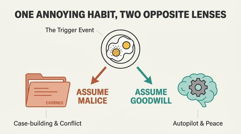 Fork diagram showing how a single annoying spouse habit leads to case-building and conflict when assuming malice, or peace and understanding when assuming goodwill.