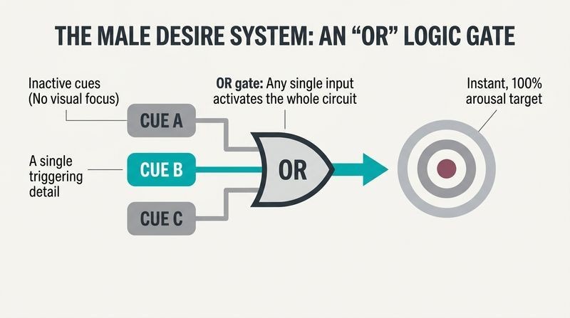 Logic gate diagram showing how a single active visual cue among multiple inactive choices instantly triggers the entire male arousal system.