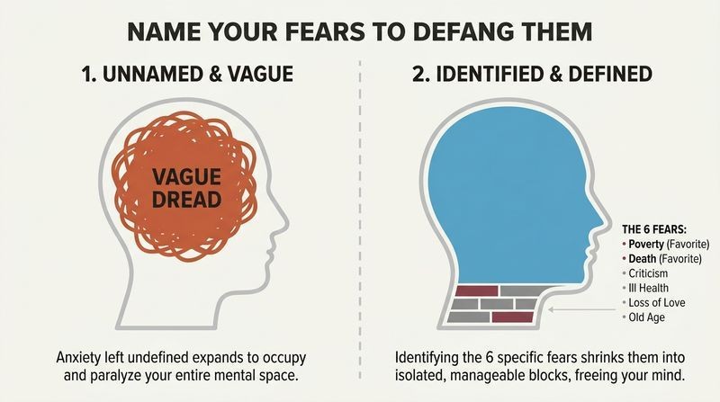 Split-panel diagram showing a chaotic terracotta cloud occupying a mind silhouette on the left, contrasted with a clear blue mind on the right where the six fears are isolated into neat, manageable blocks.