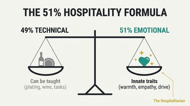 A minimalist balance scale tilted downward on the right, showing that 51% emotional skill carries more weight in hiring than 49% technical skill.