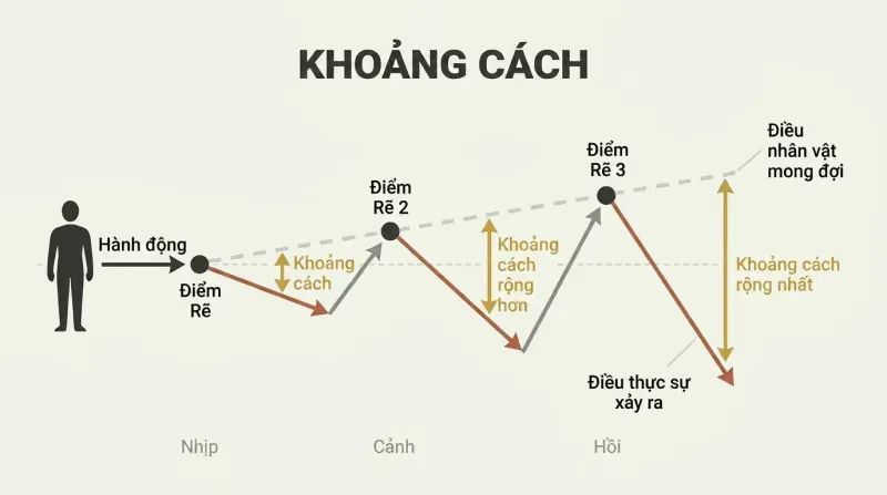 Three escalating fork diagrams showing how the gap between a character's expected and actual outcomes widens at each story beat, generating narrative momentum.
