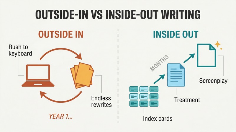 Split panel comparing two screenwriting methods: left shows a frustrating rewrite loop, right shows a disciplined three-stage ascent from index cards to treatment to screenplay.
