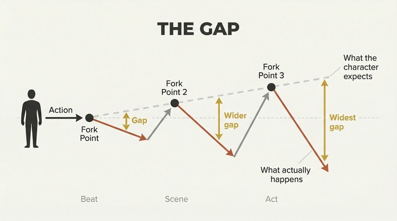 Three escalating fork diagrams showing how the gap between a character's expected and actual outcomes widens at each story beat, generating narrative momentum.