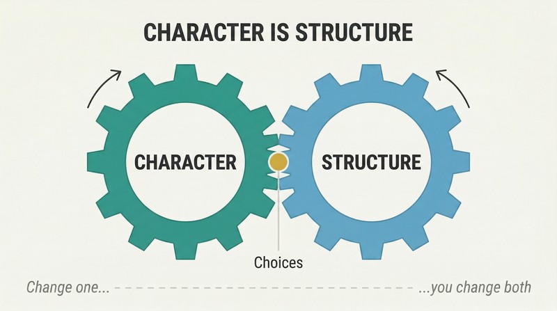 Two interlocked gears labeled Character and Structure mesh at a shared point labeled Choices, showing that turning one necessarily turns the other.