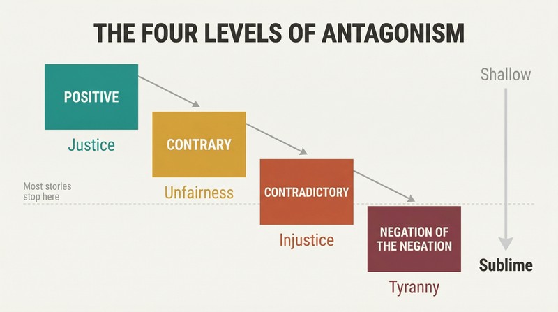 Descending staircase of four blocks showing escalating antagonistic force from positive value through contrary and contradictory down to negation of the negation, with justice as the example.
