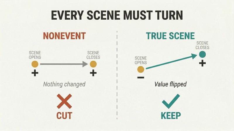 Split panel comparing a flat value line marked for cutting against a flipping value line marked as a true scene.