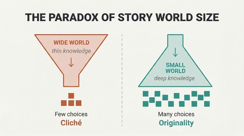 Two inverse funnel shapes side by side showing how a wide story world narrows to few clichéd choices while a narrow world expands into many original choices.