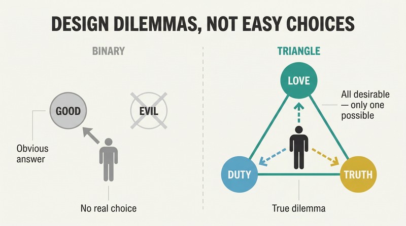 Split comparison showing a trivial good-versus-evil binary on the left and a triangle of three irreconcilable goods pulling a character in competing directions on the right.
