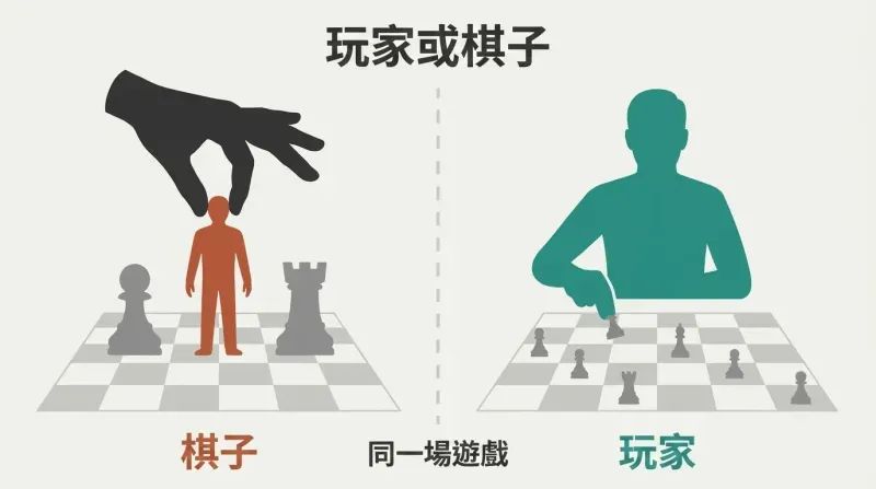 Split panel contrasting a small human figure standing among chess pieces while a hand moves them, versus a larger figure seated behind a board strategically moving pieces themselves.