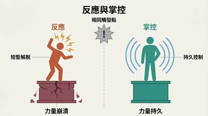 Split panel showing emotional reaction crumbling a figure's power pedestal while composure keeps another's solid and intact.