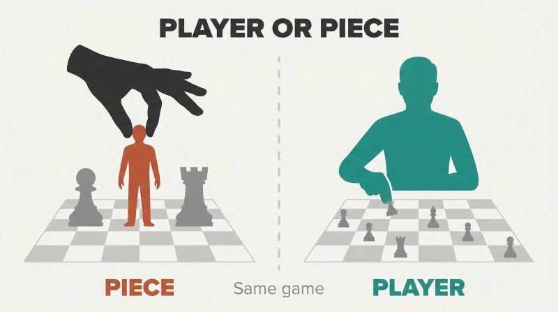 Split panel contrasting a small human figure standing among chess pieces while a hand moves them, versus a larger figure seated behind a board strategically moving pieces themselves.