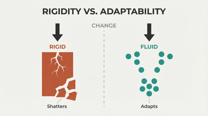 Split panel showing a rigid terracotta block shattering under downward force on the left while teal fluid droplets flow apart and reform around the same force on the right.