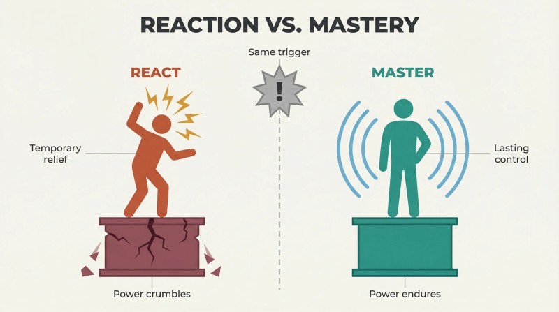Split panel showing emotional reaction crumbling a figure's power pedestal while composure keeps another's solid and intact.