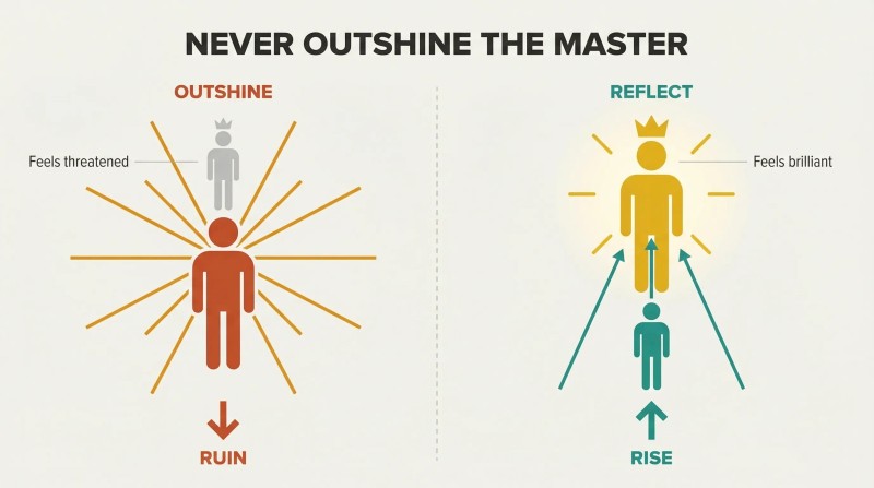 Split panel contrasting a figure whose scattered brilliance overshadows a crowned superior, leading to ruin, versus a figure directing brilliance upward onto the superior, leading to rise.