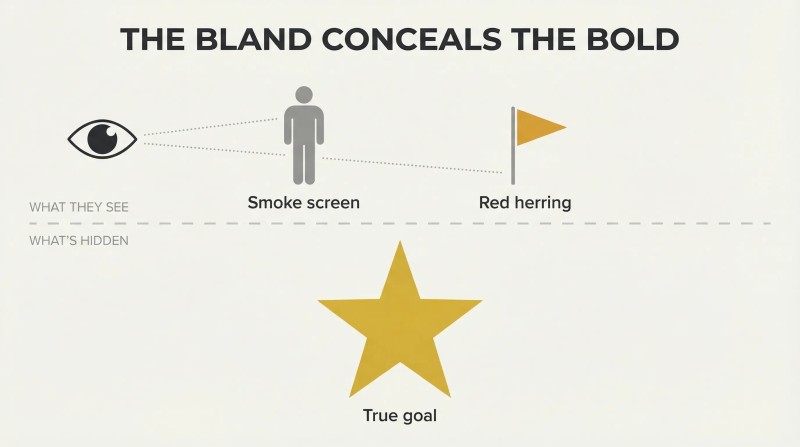 Iceberg-style diagram with a bland figure and decoy flag visible above a dividing line, while a large gold star representing the true goal sits hidden below.