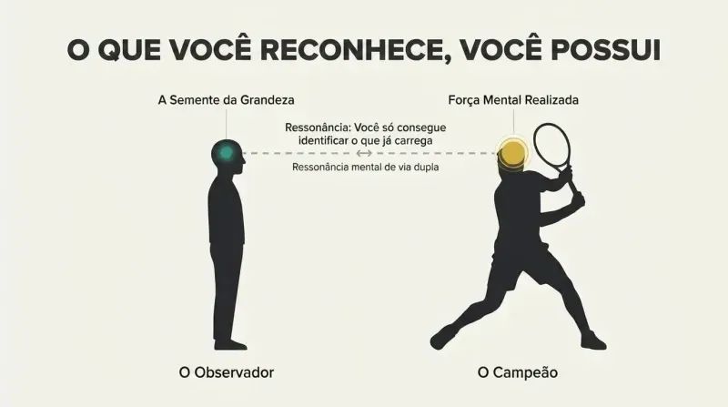 A split diagram showing an observer's silhouette on the left and a champion's silhouette on the right, connected by a horizontal line that links a dormant mental seed in the observer to the realized greatness in the athlete.