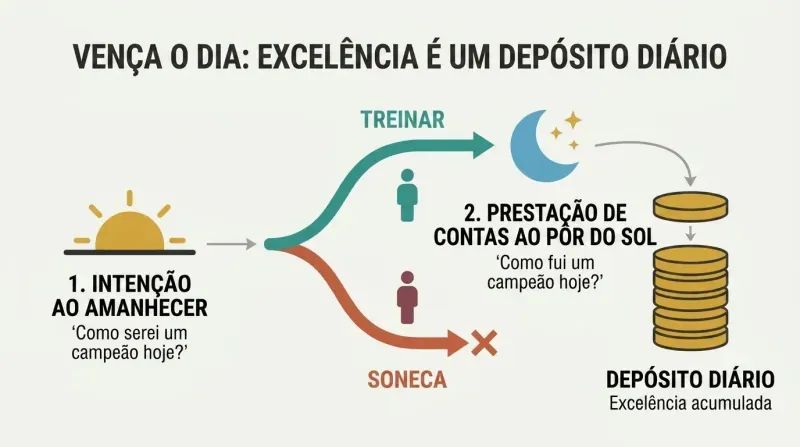 A timeline diagram flowing from sunrise to sunset, featuring a midday choice fork between training and sleeping, which culminates in a golden coin deposited onto a stack of excellence.