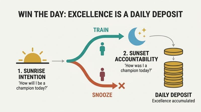 A timeline diagram flowing from sunrise to sunset, featuring a midday choice fork between training and sleeping, which culminates in a golden coin deposited onto a stack of excellence.