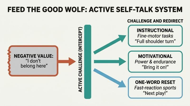 Process diagram showing how a negative self-defeating thought is intercepted by active challenge and redirected into three distinct, constructive self-talk pathways.