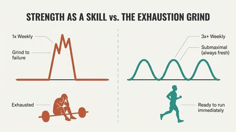 Split panel diagram comparing the exhaustiveness of working out to failure once a week against the highly effective method of practicing heavy lifts frequently at submaximal loads to stay fresh.