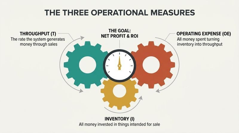 An interlocking gear diagram representing Throughput, Inventory, and Operating Expense meshing together to drive a central dial representing Net Profit and ROI.