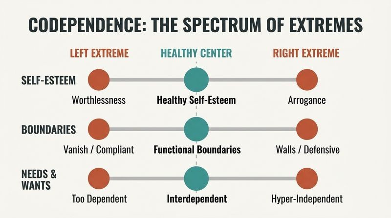 Multi-row spectrum diagram showing how codependency symptoms swing to opposite extremes, with functional behavior aligned strictly in the healthy center.