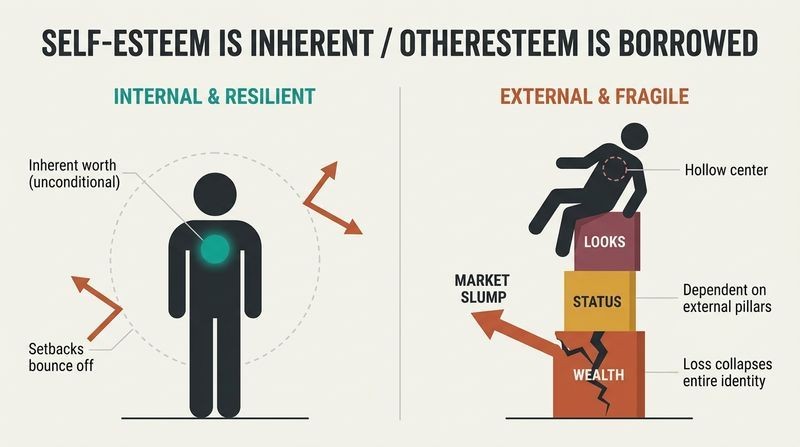 Split panel diagram comparing resilient self-esteem rooted in an internal core with fragile otheresteem built on crumbling external pillars.