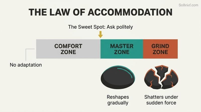 Horizontal spectrum diagram comparing comfortable, progressive, and excessive training zones with smooth and shattered stone metaphors.
