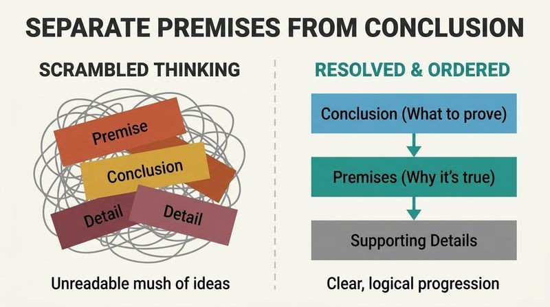 Split panel diagram contrasting a tangled pile of scrambled logic on the left with a cleanly ordered, stacked argument structure on the right.