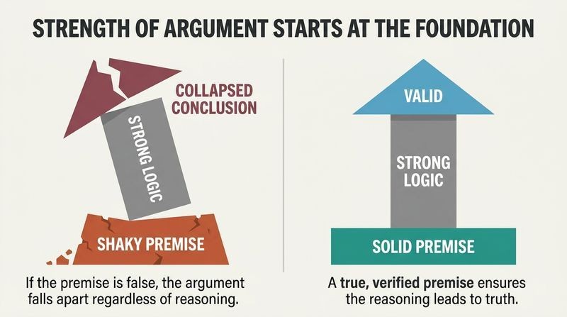 Split panel diagram comparing a collapsed argument built on a shaky premise to a stable argument built on a solid premise.