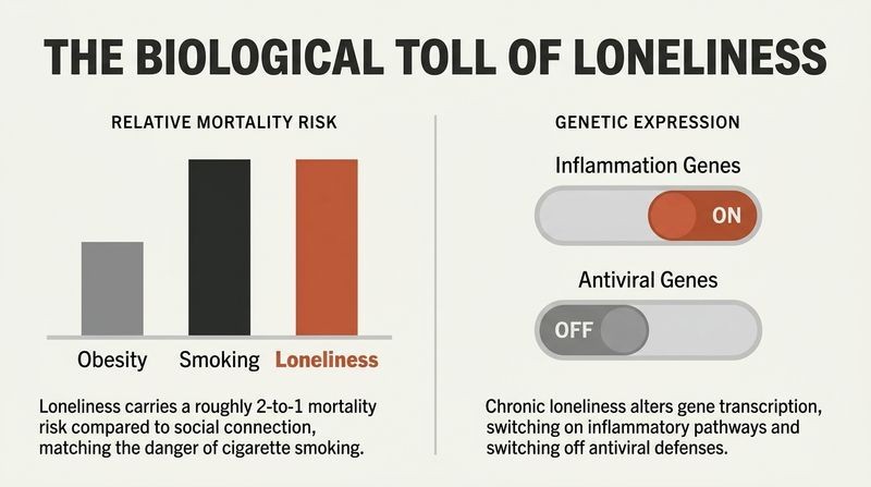 A split-panel diagram showing loneliness carries the same high mortality risk as cigarette smoking, alongside genetic toggle switches demonstrating how chronic loneliness activates inflammation and deactivates antiviral protection.