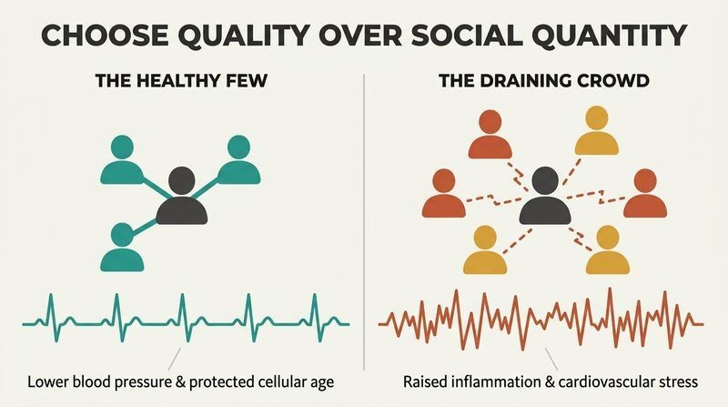 Split panel comparison contrasting the cellular and cardiovascular health benefits of a few close, supportive friendships against the physiological damage caused by a large crowd of ambivalent, draining relationships.
