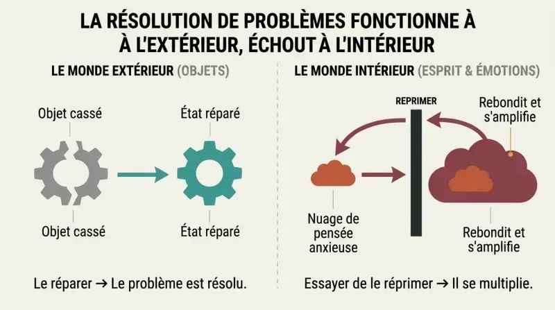 Side-by-side split panel comparison showing how physical fixing works on external objects but trying to suppress internal thoughts causes them to rebound and grow larger.