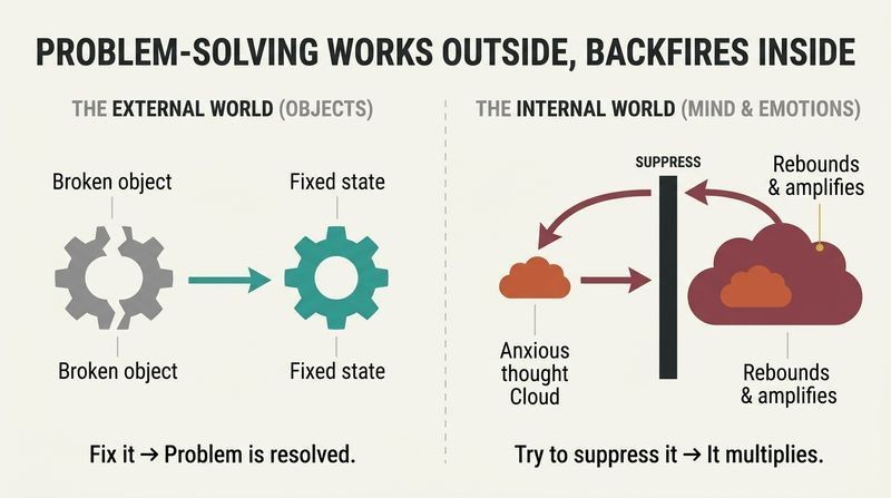 Side-by-side split panel comparison showing how physical fixing works on external objects but trying to suppress internal thoughts causes them to rebound and grow larger.