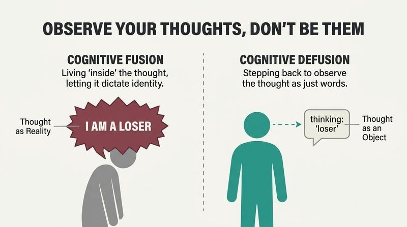 Split panel comparison showing Cognitive Fusion where a person is engulfed by a heavy thought bubble, and Cognitive Defusion where the person calmly observes the thought at a distance.