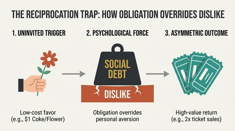A horizontal process diagram showing how a small uninvited gift triggers an overriding social debt that crushes personal dislike, resulting in an unequal, high-value return.