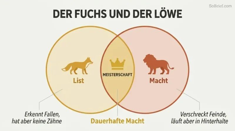 Venn diagram with a fox circle for cunning and a lion circle for force, their overlap highlighted as the zone of lasting power.