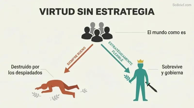 Fork diagram showing how a hostile world splits into two paths: naive virtue leading to a fallen figure, and strategic flexibility leading to a standing ruler.