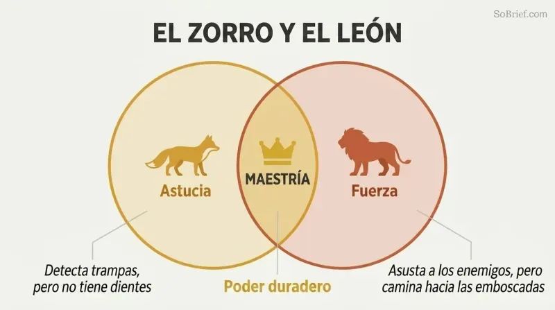Venn diagram with a fox circle for cunning and a lion circle for force, their overlap highlighted as the zone of lasting power.
