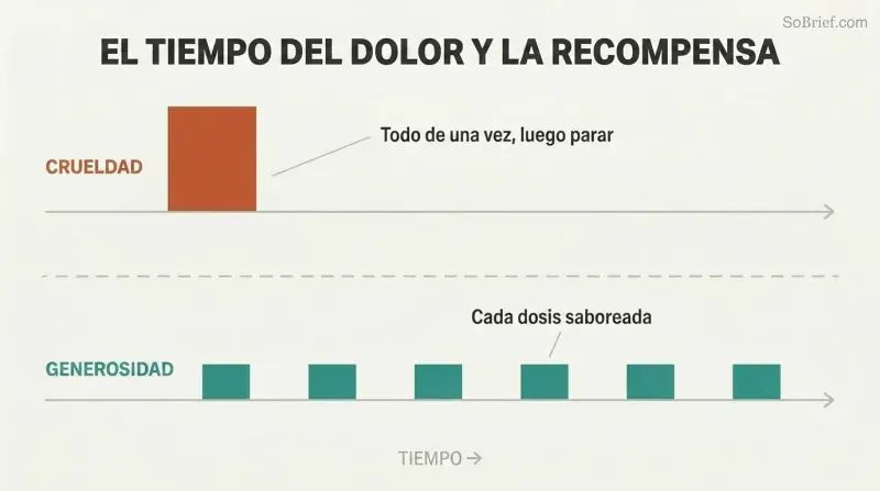 Two timelines contrasting a single large block of cruelty at the start versus small evenly spaced blocks of generosity distributed over time.