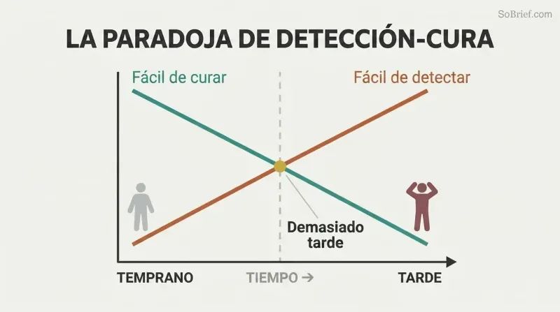 Two crossing lines on a time axis show curability falling as detectability rises, revealing that problems become visible only after they become hard to fix.