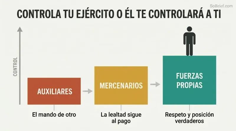 Three ascending steps showing the progression from auxiliaries to mercenaries to own forces, with power and control increasing at each level.