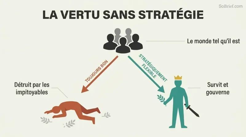Fork diagram showing how a hostile world splits into two paths: naive virtue leading to a fallen figure, and strategic flexibility leading to a standing ruler.
