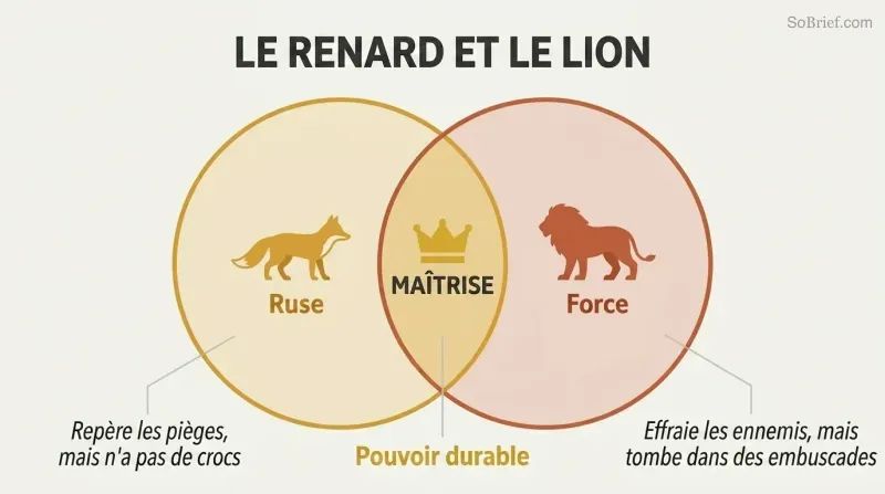 Venn diagram with a fox circle for cunning and a lion circle for force, their overlap highlighted as the zone of lasting power.