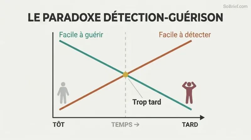 Two crossing lines on a time axis show curability falling as detectability rises, revealing that problems become visible only after they become hard to fix.