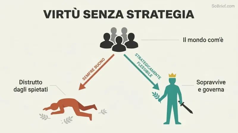 Fork diagram showing how a hostile world splits into two paths: naive virtue leading to a fallen figure, and strategic flexibility leading to a standing ruler.
